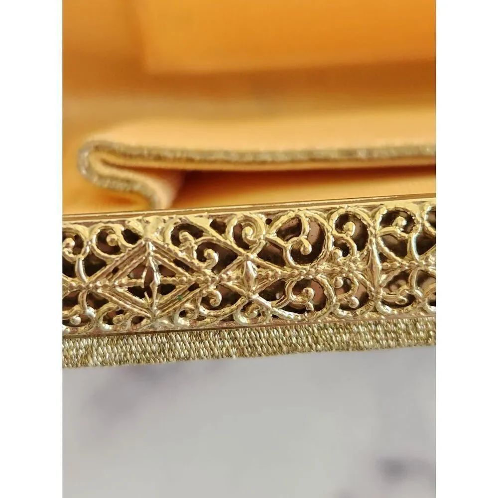 Vintage golden metallic bronze clasp clutch purse formal evening wear metal orna